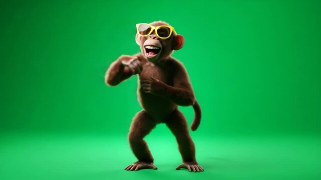 Funky Monkey Dancing on Green Screen - A playful 3D-video monkey, wearing yellow sunglasses, dances against a bright green screen. The monkey's pose suggests a fun, energetic mood.