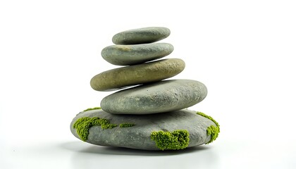 Zen stones stacked in balance with moss on the bottom stone. Still life.