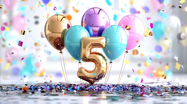 A festive celebration with golden number 5 balloon, colorful balloons, and confetti.