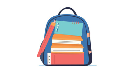 A digital illustration depicting a blue backpack viewed from the front. The backpack is filled with three books of varying colors (orange, coral/red, and light teal) stacked on top of each other.
