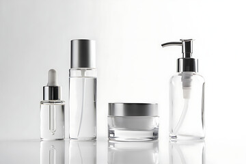 Naklejka premium Elegant Skincare Product Presentation with Clear Glass Containers and Silver Accents Against Clean Background