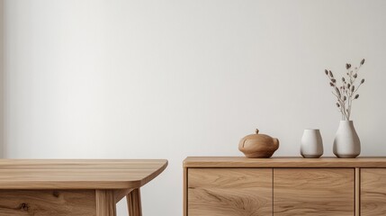 Minimalist wooden furniture and decor against a white wall