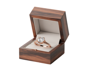 Elegant diamond ring in wooden box isolated on transparent background, wedding or engagement concept, high resolution PNG file