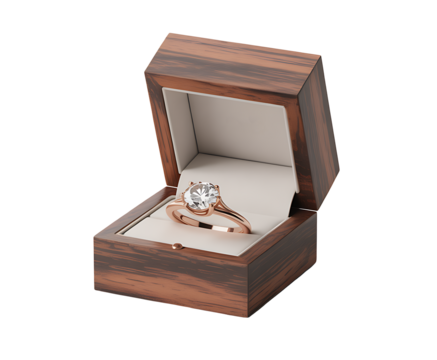 Elegant diamond ring in wooden box isolated on transparent background, wedding or engagement concept, high resolution PNG file - Powered by Adobe