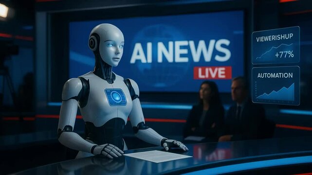 AI Robot News Anchor Broadcasting Live in a Futuristic Studio with Digital Charts Displaying Automation Growth