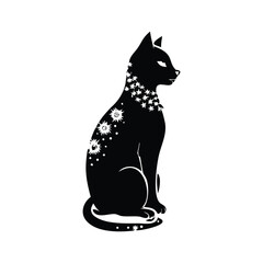 Mystical Celestial Cat in Silhouette Sun  Moon Phases, and Occult Symbols Illuminated by Ethereal Moonlight in Black,