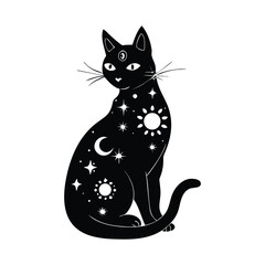 Mystical Celestial Cat in Silhouette Sun  Moon Phases, and Occult Symbols Illuminated by Ethereal Moonlight in Black,