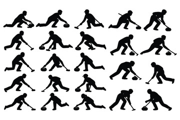 Curling players silhouettes collection isolated on white background