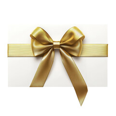 Fototapeta premium White gift voucher with gold ribbon and bow, White gift voucher adorned with a gold ribbon and bow, elegantly presented for gifting purposes, isolated on transparent background