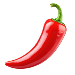 Single glossy red chili pepper with green stem, isolated on white background, no shadow, sharp and clean PNG-ready image for spice or hot food design projects