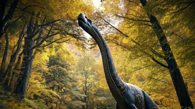 Explore the enchanting world of dinosaurs in this captivating footage. A detailed glimpse into a lush forest offers a unique perspective. Ideal for education and entertainment. Generative AI
