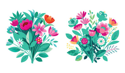 Photo of two vibrant floral bouquets, bursting with pink, orange, and teal flowers, isolated on white background