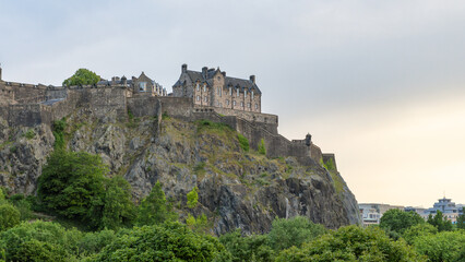 Edinburgh Castle Scotland - Princes Gardens Spring atmosphere on a cloudy day.
