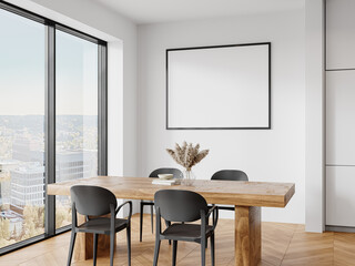 Modern kitchen dining area with square frame mockup on white wall and city view – front view