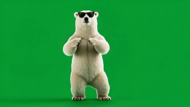 Cool Polar Bear Dancing on Green Screen - A polar bear wearing sunglasses stands on its hind legs, appearing to dance against a bright green screen background.