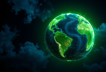 Obraz premium Glowing green 3D render of Earth with grid lines and light trails against a dark cloudy background