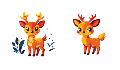 Photo of two adorable orange fawns, one near blue leaves, isolated on white background