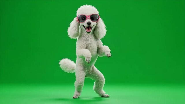Happy White Poodle Dancing on Green Screen - A cheerful white poodle dog wearing pink sunglasses stands on its hind legs, playfully dancing against a vibrant green screen background.