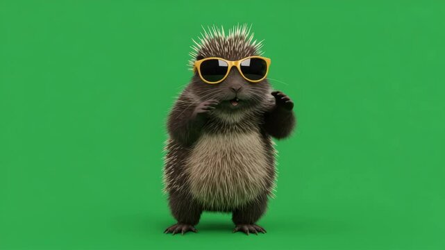 Cool Porcupine in Sunglasses on Green Screen - A cute, cartoon-like porcupine wearing yellow sunglasses stands against a bright green screen background.