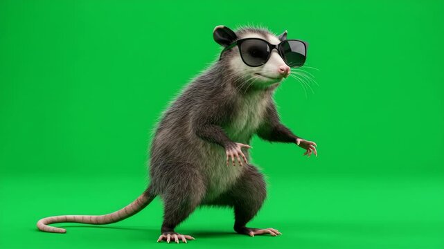 Cool Opossum in Sunglasses on Green Screen - A 3D-video opossum wearing sunglasses stands against a bright green screen.