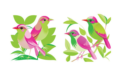 Fototapeta premium Photo of vibrant pink and green birds perched on lush green leaves, isolated on white background