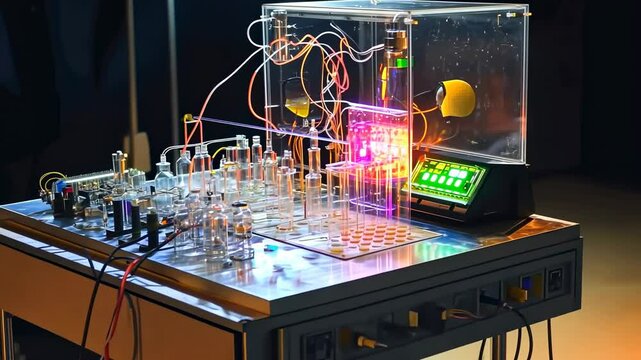 Complex laboratory apparatus with glowing glass vessels and electronic components