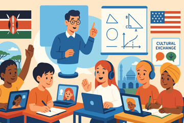 Global virtual classroom with diverse students and online teacher