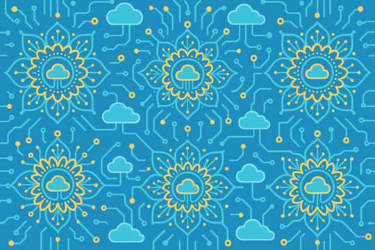 Seamless cloud computing pattern with floral tech motifs