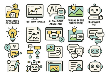 Colorful AI and storytelling interface icons with a creative design