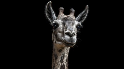 Close-up portrait of a reticulated giraffe's head and neck against a black background.