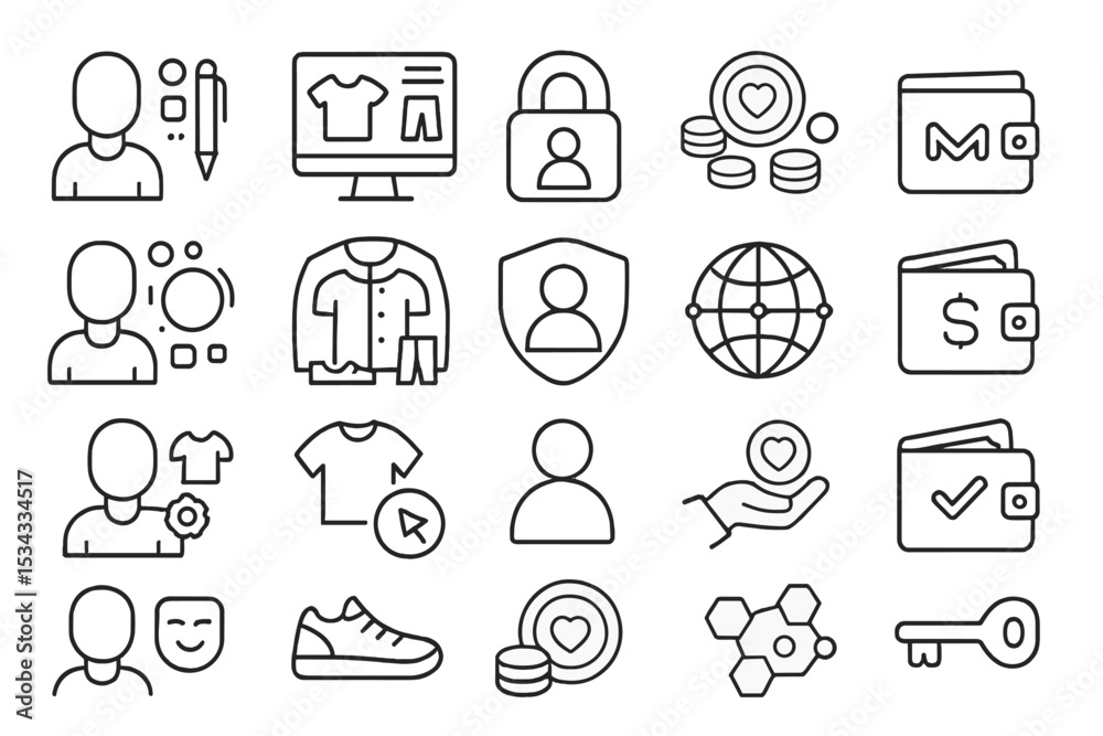Wall mural minimalist ecommerce and user interface icon set on dark background