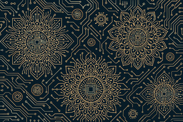 Seamless pattern blending mandala art with golden circuit board lines