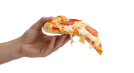 Hand Holding a Delicious Slice of Pepperoni Pizza with Melting Cheese