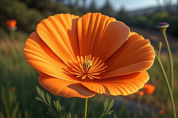 Photo realistic wide shot of an orange poppy flower with vibrant petals in natural lighting