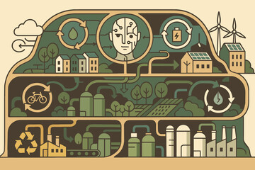 Fototapeta premium Eco-friendly smart city illustration with AI and renewable systems