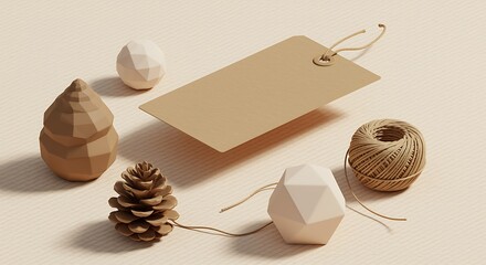 Beige Brown Geometric Objects and Blank Tag on Light Background