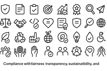 Icons representing ethics, sustainability, and global compliance