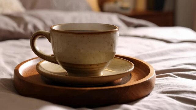 Ceramic mug filled with hot beverage on a wooden tray sitting on rumpled bedsheets, steam rising from the cup with soft morning light.