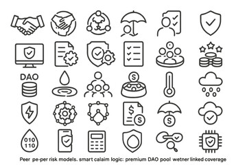 Fototapeta premium Decentralized insurance and DAO icon set with risk and coverage symbols