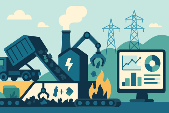 Illustration of waste-to-energy plant with robotic sorting and analytics
