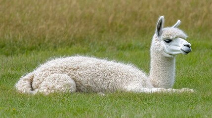 Obraz premium White alpaca resting in a green field.
