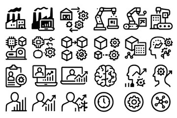 Icon set representing smart manufacturing, automation, and AI-driven industry tools