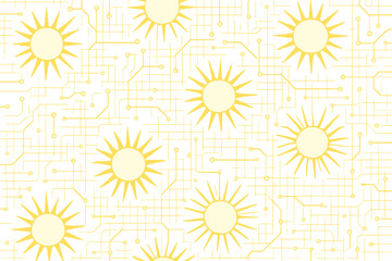 Seamless pattern of bright sun shapes on a yellow background with subtle dots