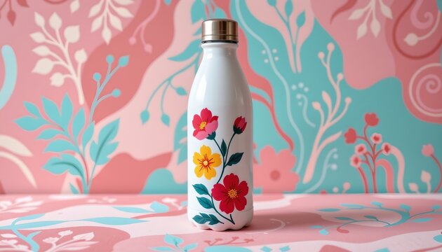 a floral patterned water bottle on a surface with a colorful backdrop that appears to be a wallpaper.