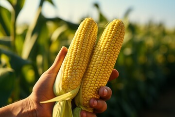 Two freshly harvested corns in the hands of a farmer