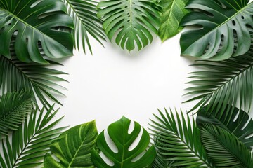 Arrangement of tropical monstera and palm leaves creating natural green frame on white background