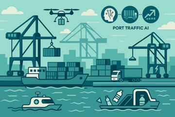 Fototapeta premium Smart port with AI-managed cargo, drones, autonomous vessels, and logistics