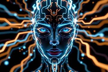 a digitally enhanced human figure with intricate cybernetic components that resemble advanced technology fused to the head and sho