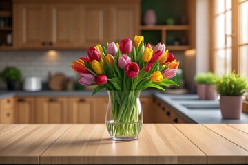 Tulip blooms in clear glass vase on kitchen countertop for fresh floral decor