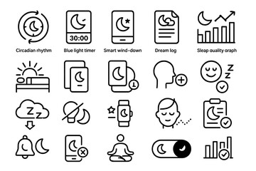 Fototapeta premium Sleep tracking and wellness icon set featuring circadian rhythm, dream logs, and wind-down tools